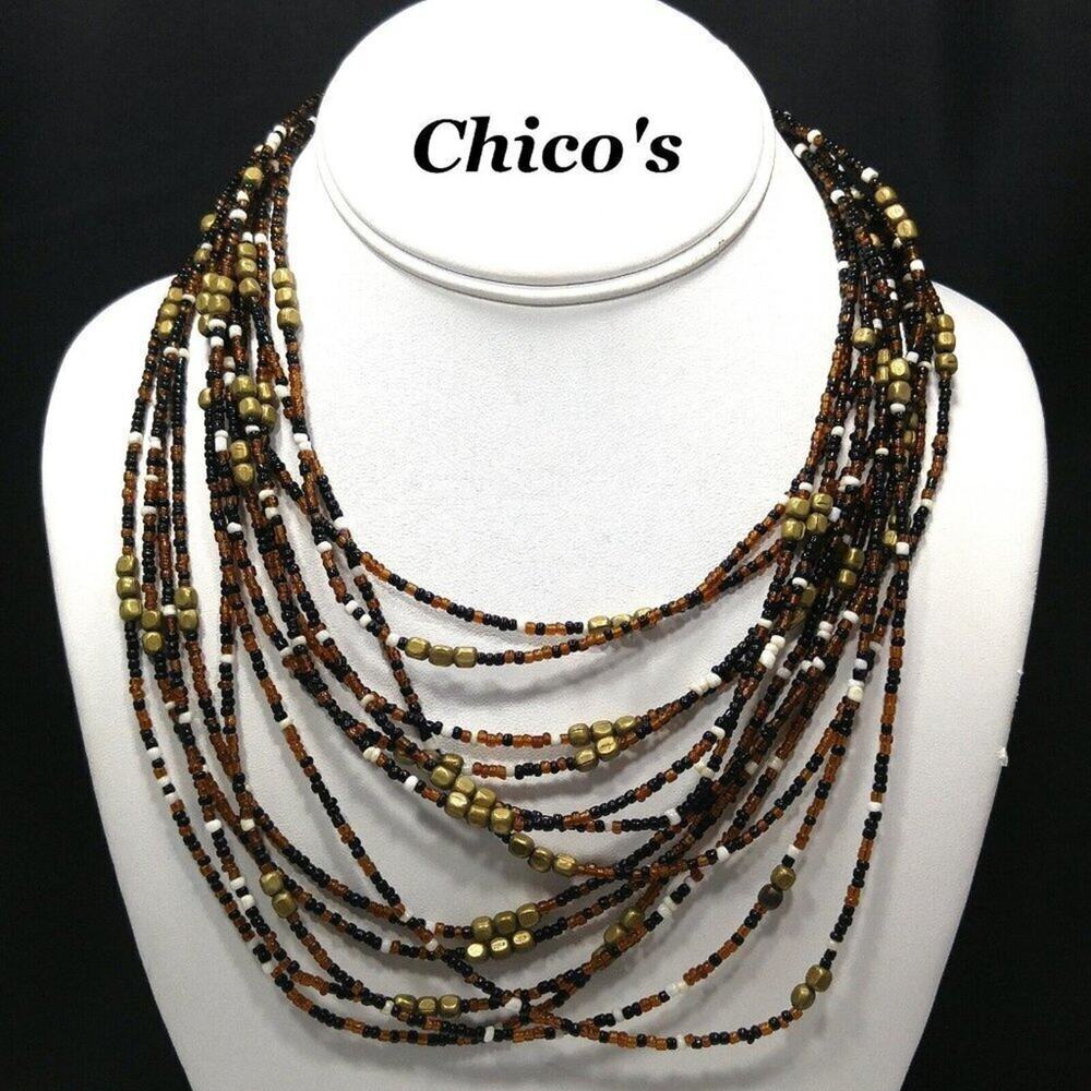 Chico's Boho Seed Bead Glass Multi-strand  Necklace, Multicolored Natural Tones